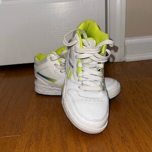 Reebok basketball high tops white with blue and neon yellow detailing, size 4